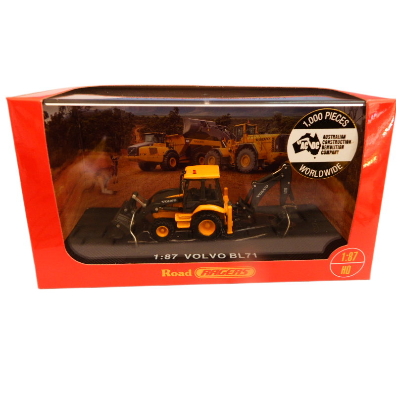 Model Volvo BL71 construction vehicle in packaging with visible branding.