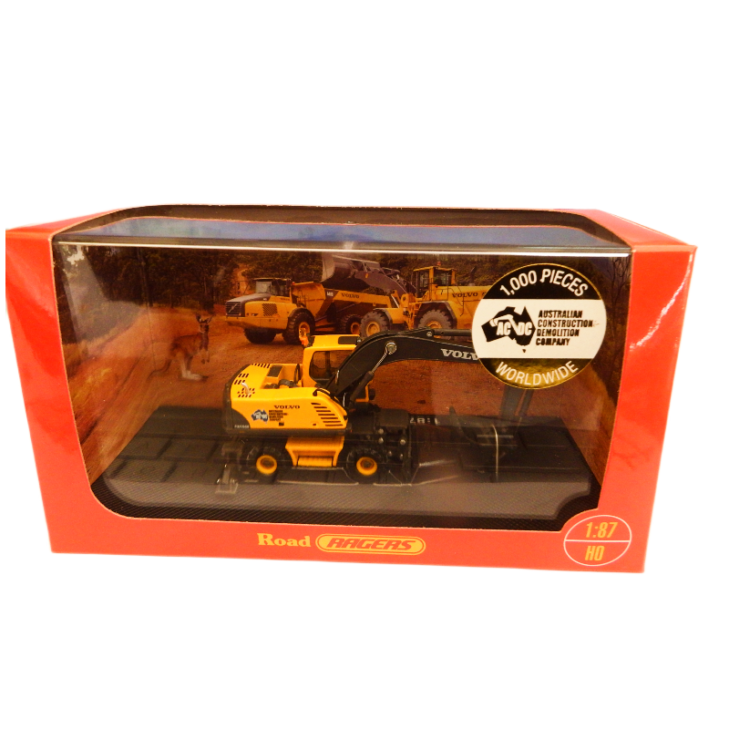 Model excavator in a clear display case with road ragers red packaging on a white background