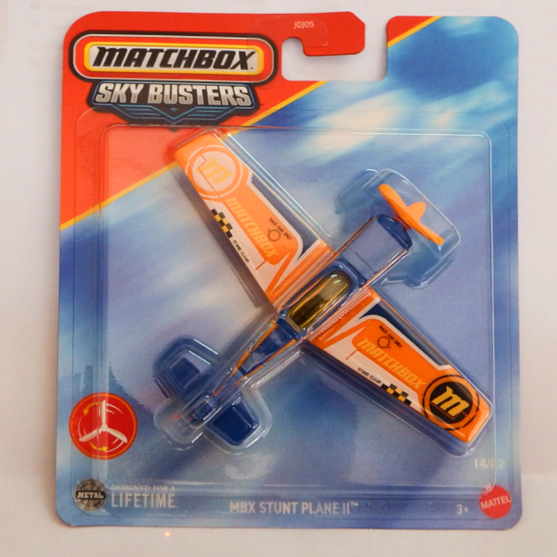 Matchbox Sky Busters toy plane in packaging with blue and orange design
