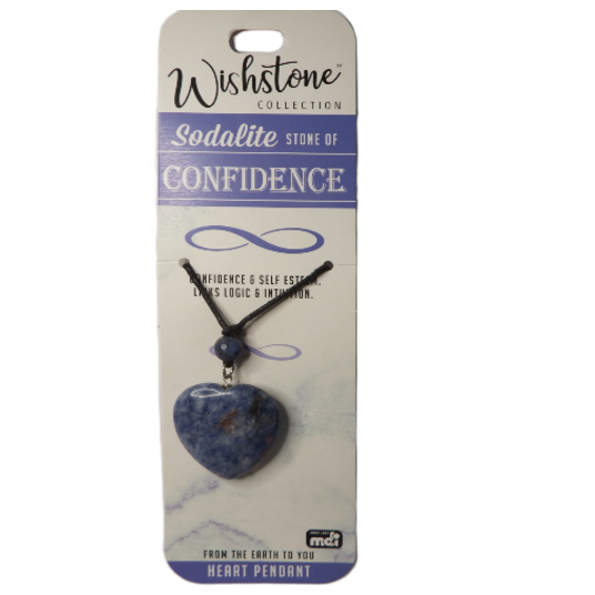 A sodalite heart pendant wishstone with a silver chain, packaged on a white card with the brand name and product details