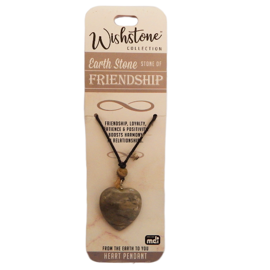 Heart-shaped earth stone pendant necklace on Wishstone packaging