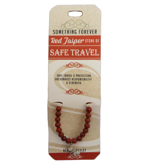 red jasper bead bracelet on card on white background