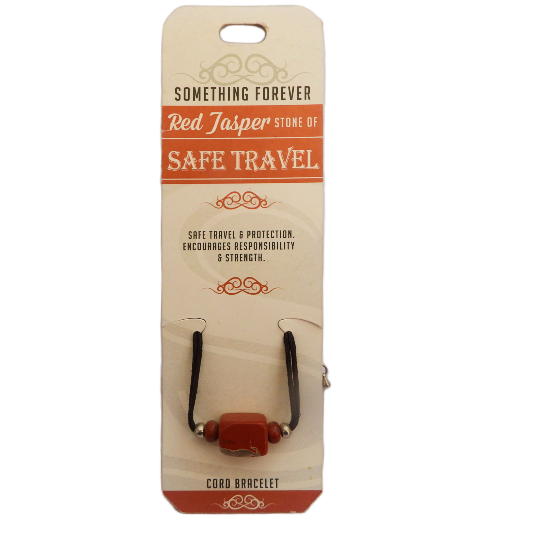 Cord bracelet red jasper safe travel packaging with 'Something Forever' branding on a beige background