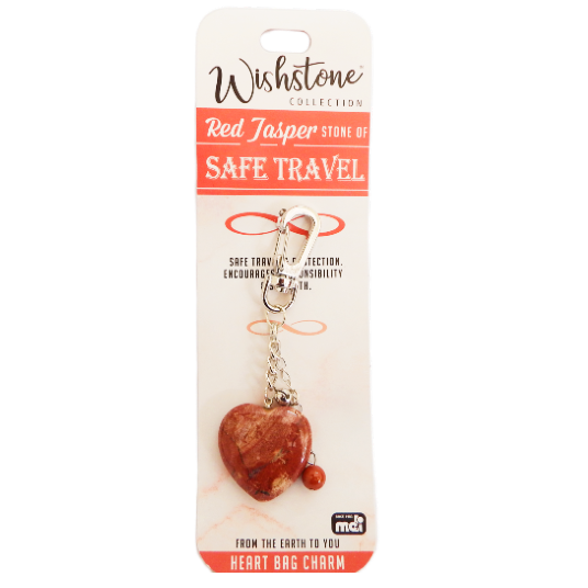 Red Jasper heart-shaped keychain charm on Wishstone packaging