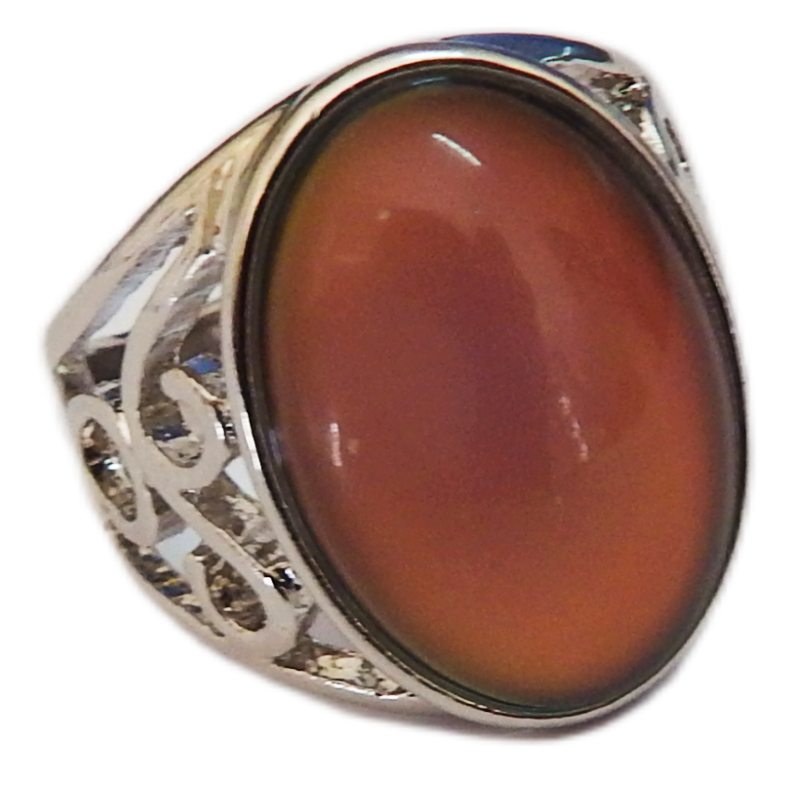 Ring with a large colour changing stone and silver band on a white background