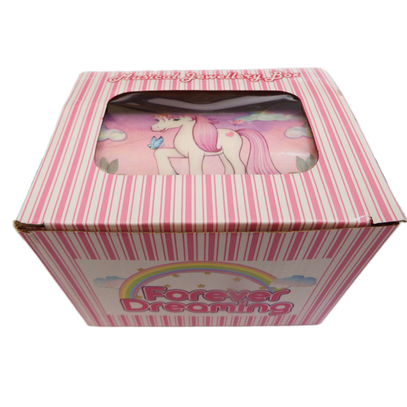 Pink striped box with a unicorn design and 'Forever Dreaming' text on a white background