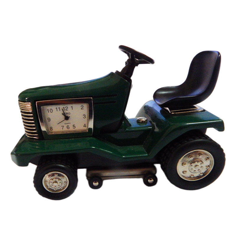 Green ride on lawn mower with a clock on a white background