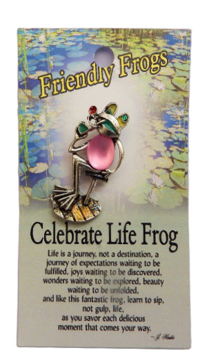 celebrate life frog sitting on a stool with a pipe in its mouth angel pin on green card with white background