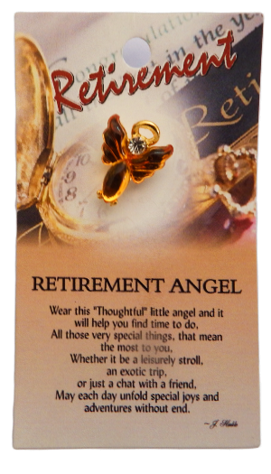 Retirement angel charm with fob watch design on a decorative card