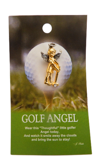 Gold angel charm on a golf ball with grass in the background, on a green and brown card.