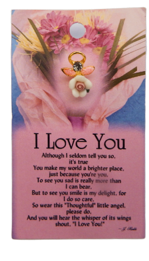 Decorative card with flowers, a Guardian angel with a pink Rose, and a poem on a pink background