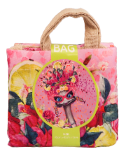 Colorful tote bag with floral design and lemon illustrations on a white background