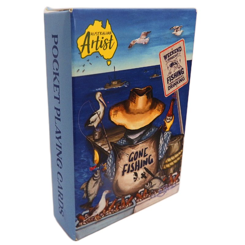 Pack of pocket playing cards with fishing theme and 'Gone Fishing' text on a blue background.