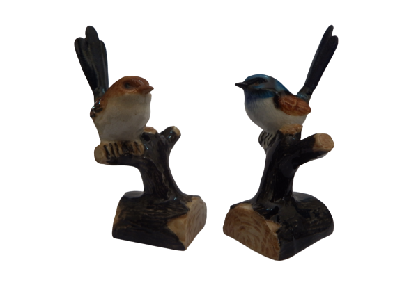 Blue Wren Male ?female on Tree set of two ceramic miniature figurine