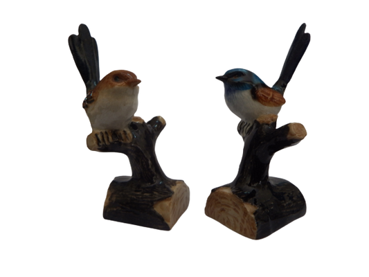 Blue Wren Male ?female on Tree set of two ceramic miniature figurine