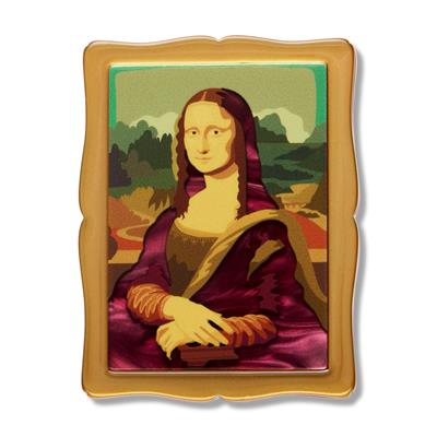 Mona Lisa-style painting with a gold frame on a white background