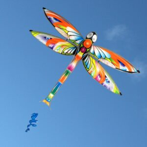 Colorful dragonfly kite against a clear blue sky
