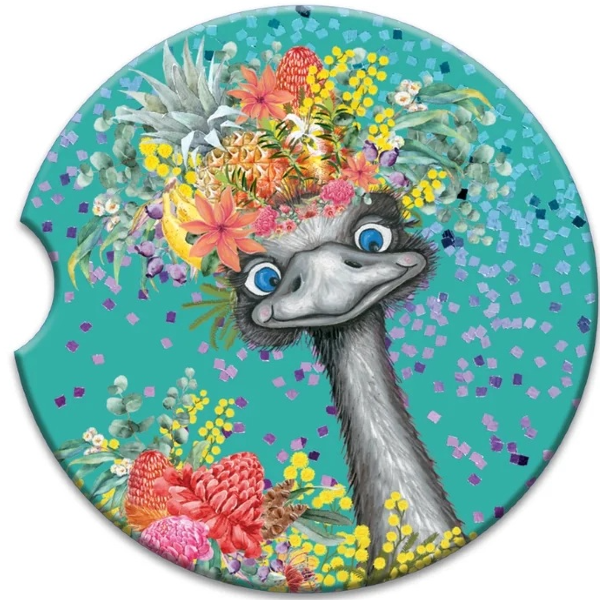A round coaster featuring a colorful illustration of an emu surrounded by vibrant flowers on a turquoise background with scattered confetti.
