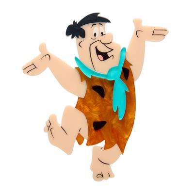 Cartoon Fred Flintstone character Erstwilder Brooch in a brown outfit with a blue scarf on a white background