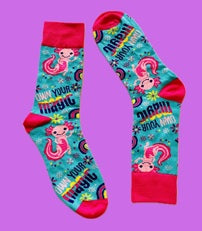 Colorful socks with Axolotl cartoon characters and text on a purple background