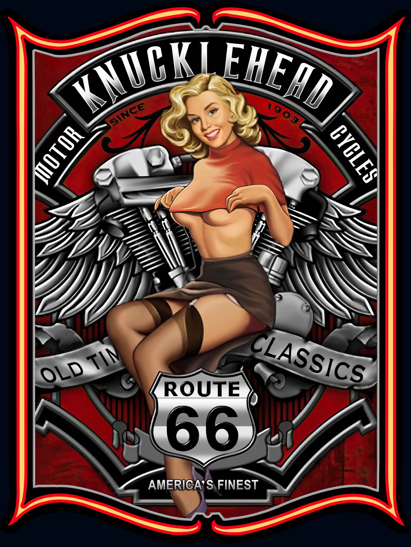 KuckleHead Motor Cycles Rote 66 Metal Sign