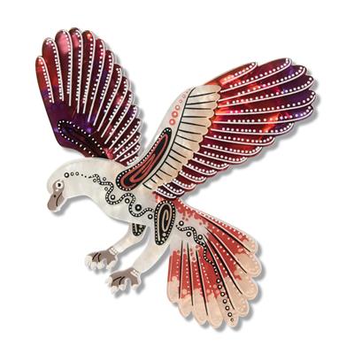 Decorative bird figure with colorful wings on a white background