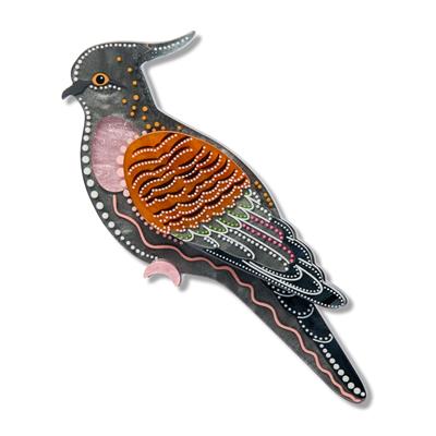 Decorative bird-shaped Brooch with black, orange, and pink colors on a white background