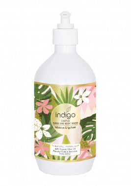 Indigo  Hand and Body Wash in Hibiscus & Lychee 500ml – Pink & Green Palm Pattern