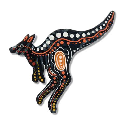 Decorative Erstwilder Brooch of a kangaroo with black, orange, and white patterns on a white background