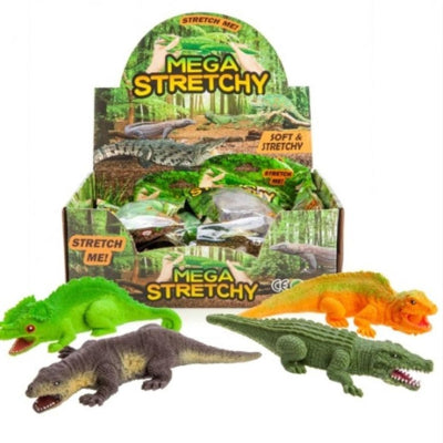 Display box of Mega Stretchy toys with three toy Reptiles in front.