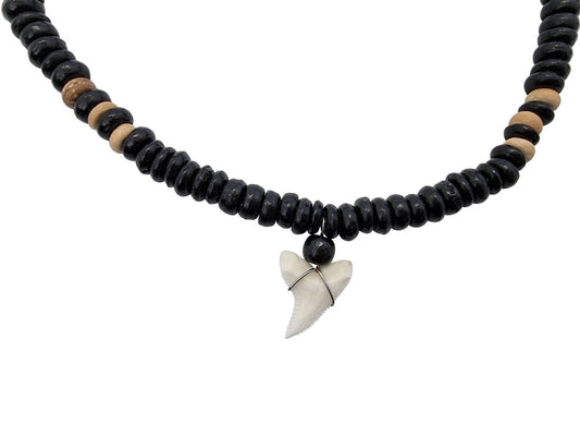 N972 Shark Tooth Pendant black & Wooden Beads naturally Design Australia