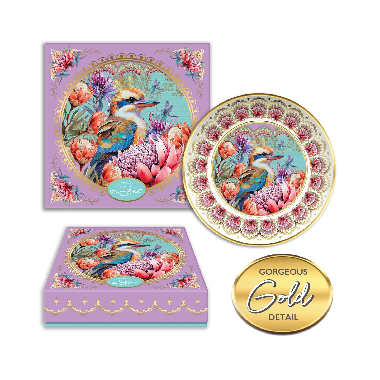 Decorative plate and box set with Australian Kookaburra bird and floral design, featuring 'Gorgeous Gold Detail' text.