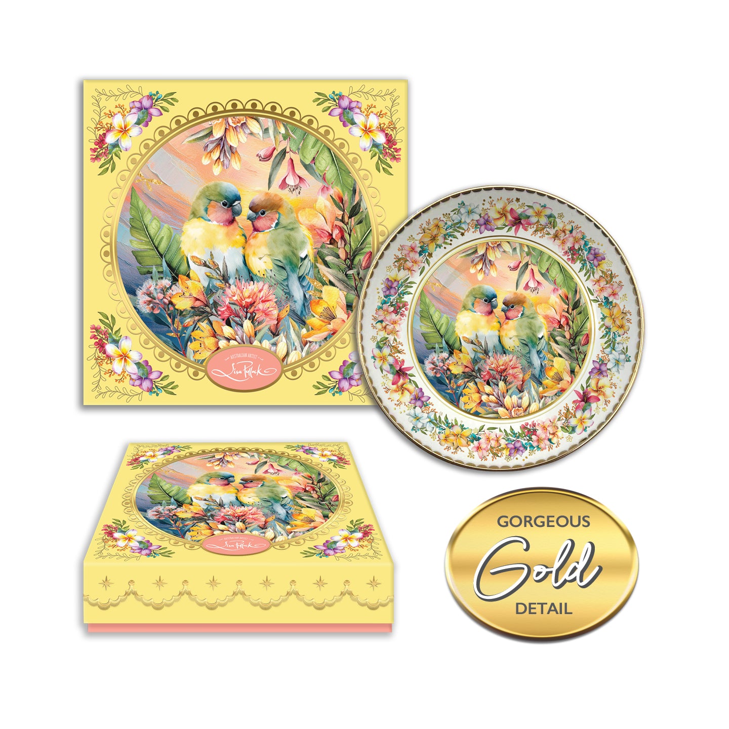 Decorative plate set with floral and love birds design, featuring a gold detail badge.