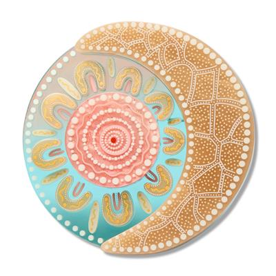 Decorative round brooch with a colorful mandala design on a white background