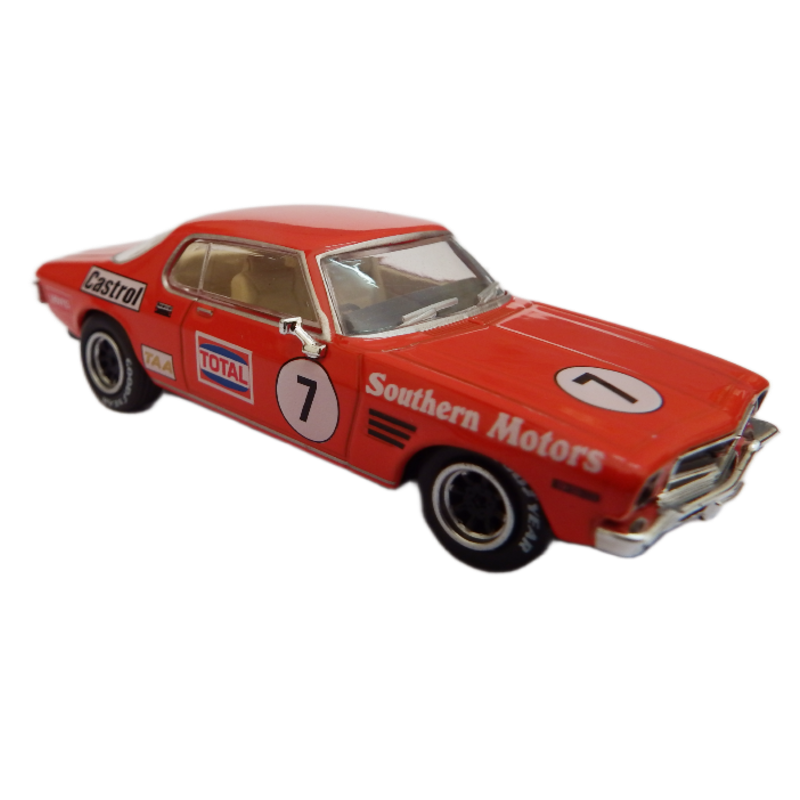 Red model car with racing decals on a white background
