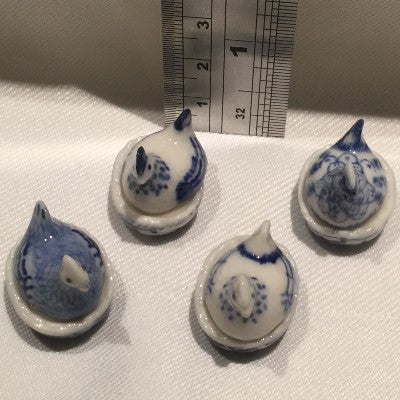 Small Blue & White Hen Box 4 Models Porcelain Miniature