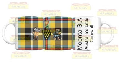 Mug with Cornish Tartan design With cartoon Caracter Crest and text Moonta S.A Australia Little Cornwall on a white background