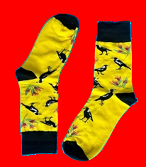 Yellow socks with magpie bird pattern on a red background
