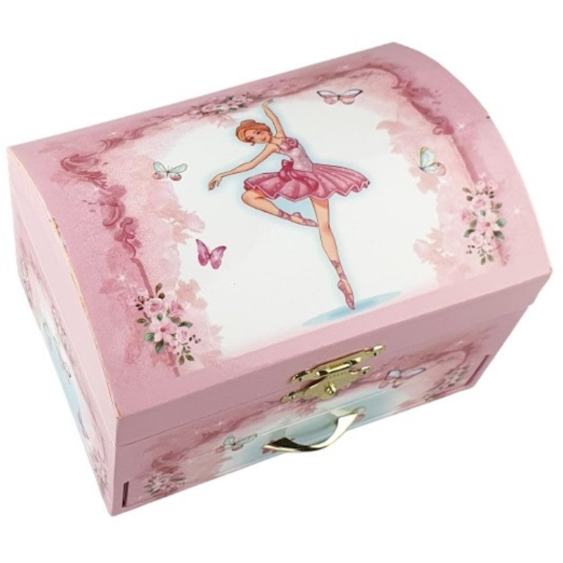 Pink jewelry box with a ballerina design on a white background
