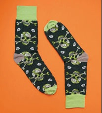 Pair of socks with skull and crossbones design on an orange background