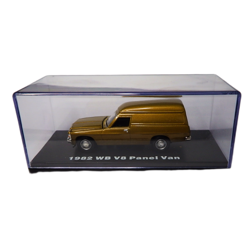 Model of a 1982 WB V8 Panel Van in a clear display case on a white background