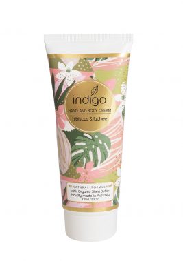 Indigo Organic  Hand and Body Cream in Hibiscus & Lychee 100ml – Pink & Green Palm Pattern