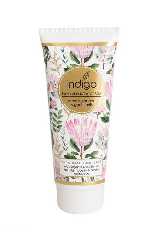 Indigo  Hand and Body Cream in Manuka Honey & Goats Milk 100ml – Pink Protea Pattern