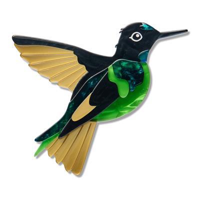 Decorative hummingbird erstwilder brooch with gold, green, and black colors on a white background