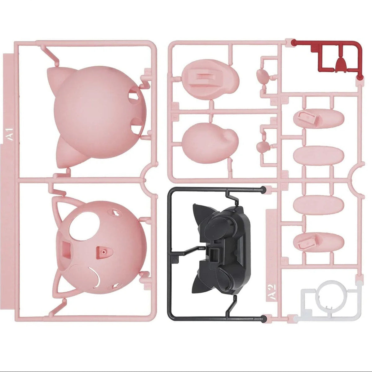 Model kit of a pink creature with parts on a white background