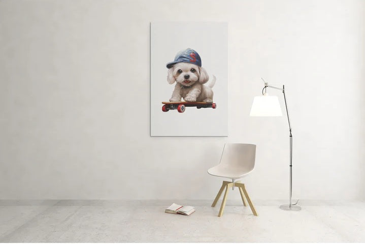 Framed picture of a dog on a skateboard hanging on a white wall above a chair.