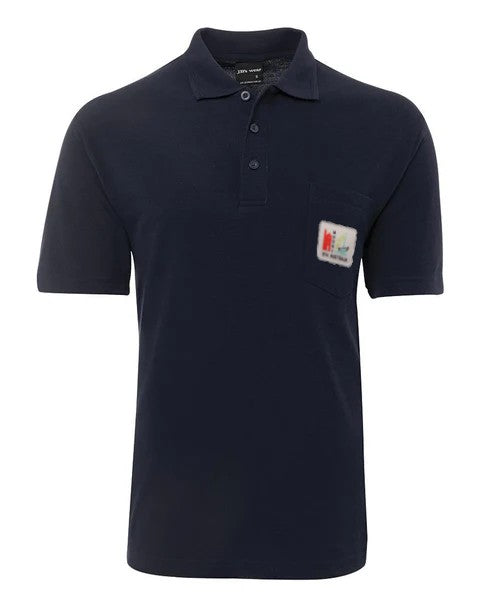 Navy blue polo shirt with a Moonta south Australia logo on the pocket on a white background