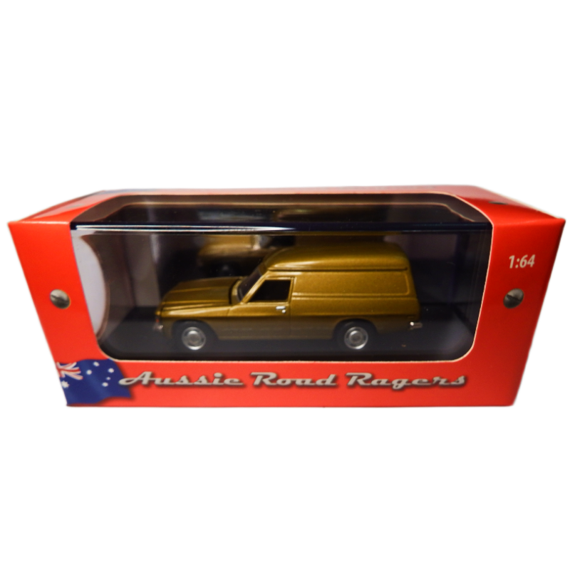 Gold model car in a red packaging box with 'Aussie Road Ragers' branding.