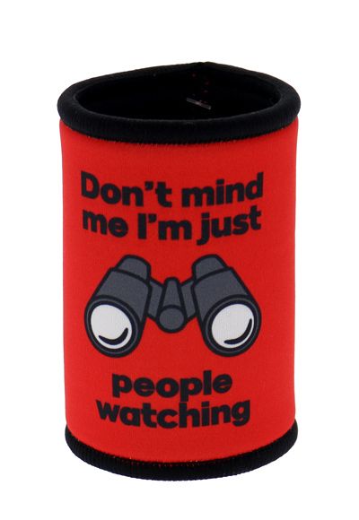Red can cooler with binoculars and text 'Don't mind me I'm just people watching' on a white background