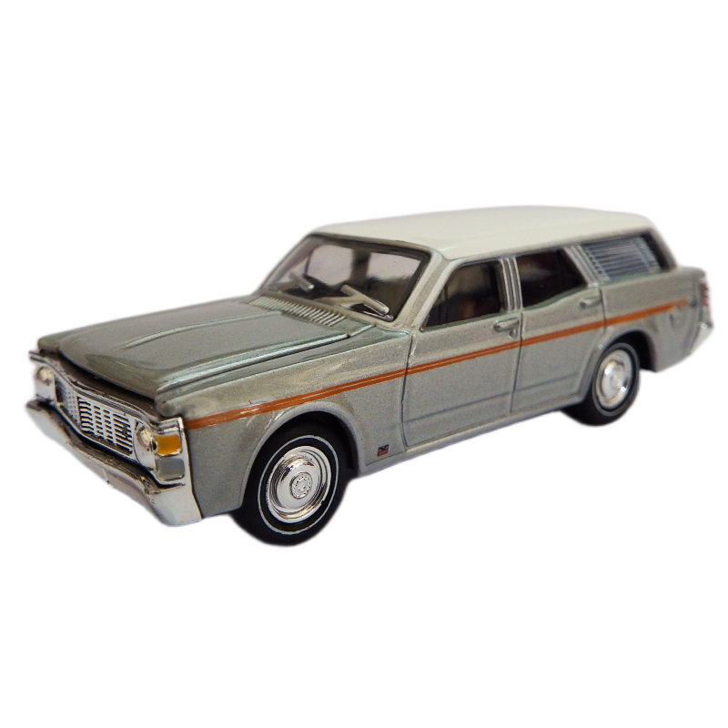 1:64  diecast Model of a vintage 1970 XW GS V8 Fairmont silver fox color station wagon   on a white background